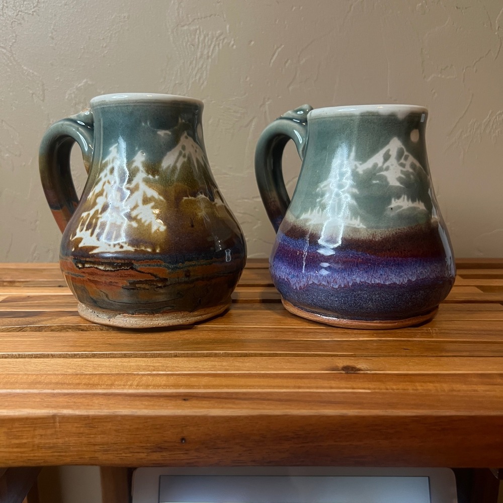Handmade Studio Pottery Mountain Landscape Mugs Set of 2 Purple Green Brown